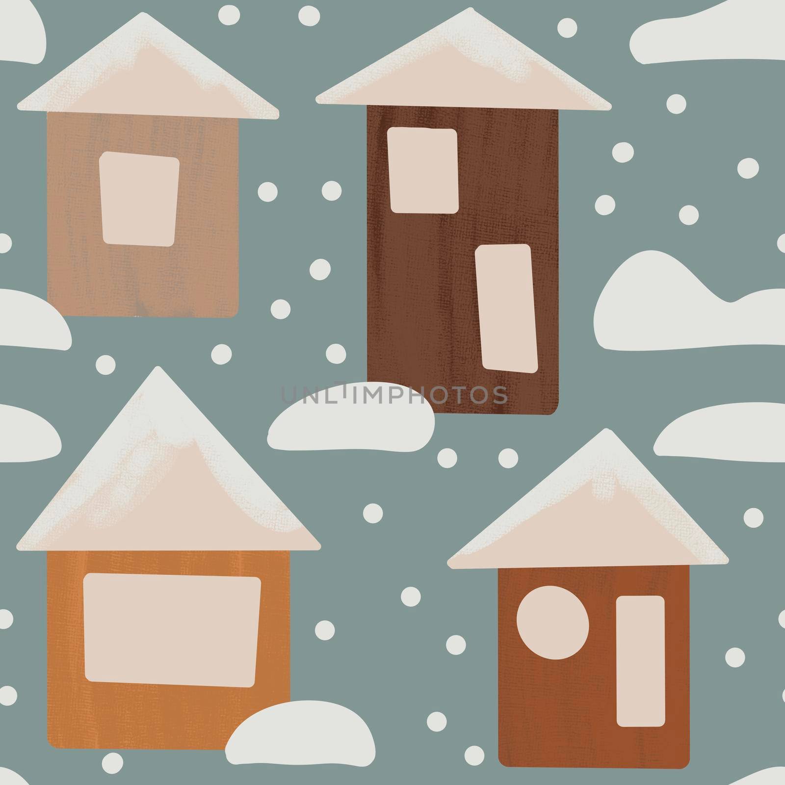 Hand drawn seamless pattern with winter scandinavian nordic houses in snow streen on pastel neutral background. Cartoon Christmas New Year wrapping paper textile fabric print. Cute minimalist design