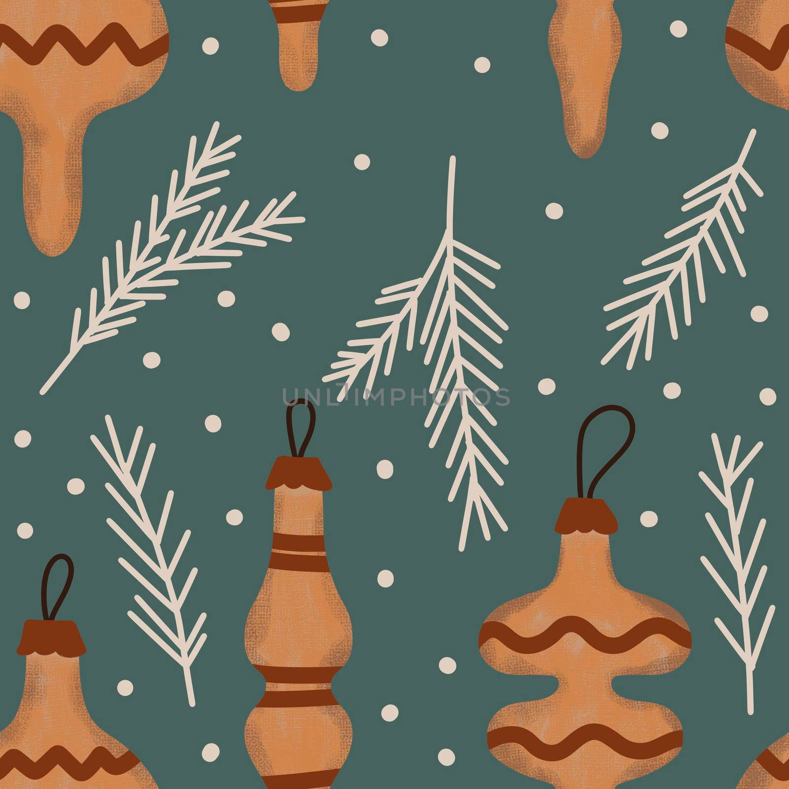 Hand drawn seamless pattern in boho style beige green neutral with christmas tree ornaments fir spruce conifer tree branches. New year decor wrapping paper party celebration winter cartoon with polka dot background. by Lagmar