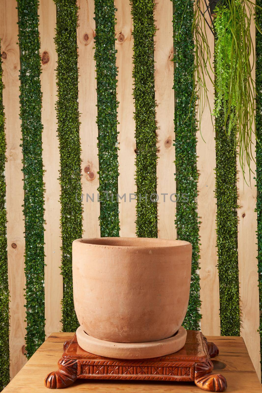 earthenware pot for plants on a wooden table with green plant background. catalog of plant pots. clay pot for plants.