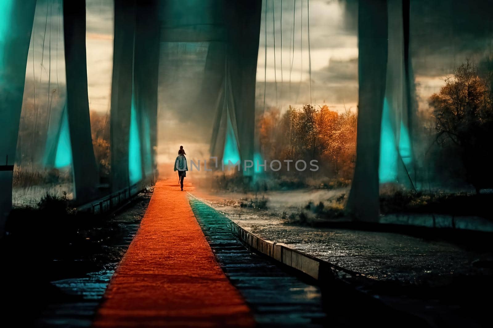 Cinematic scenery view, teal and orange path, 3d Illustration by Farcas