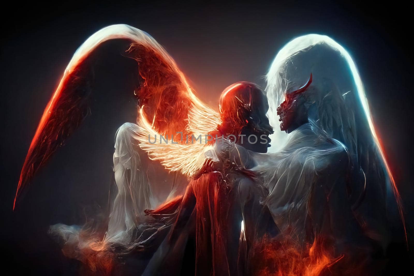 Angel and devil, digital art, 3d Illustration, 3d render