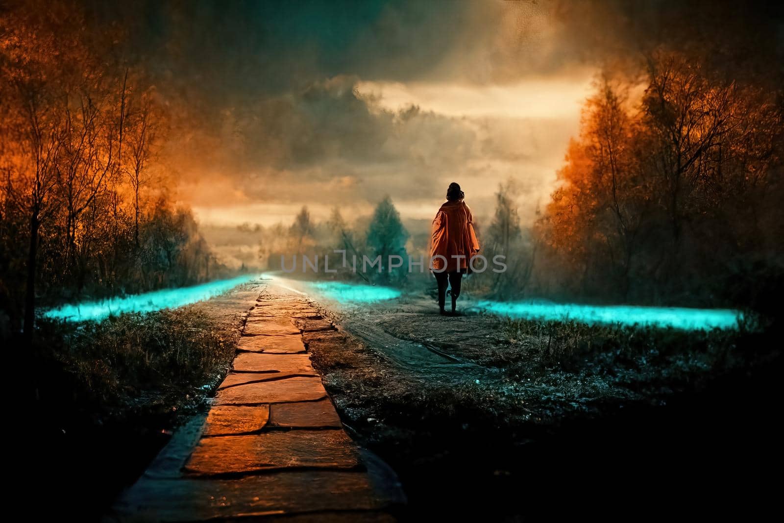 Cinematic scenery view, teal and orange path, 3d Illustration by Farcas