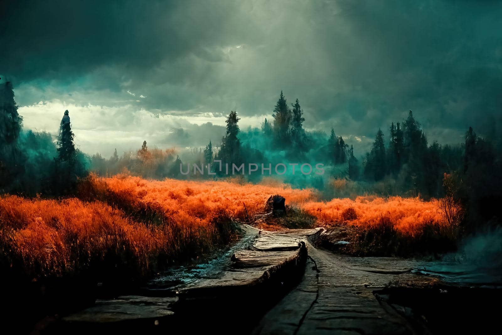 Cinematic scenery, teal and orange path, 3d illustration