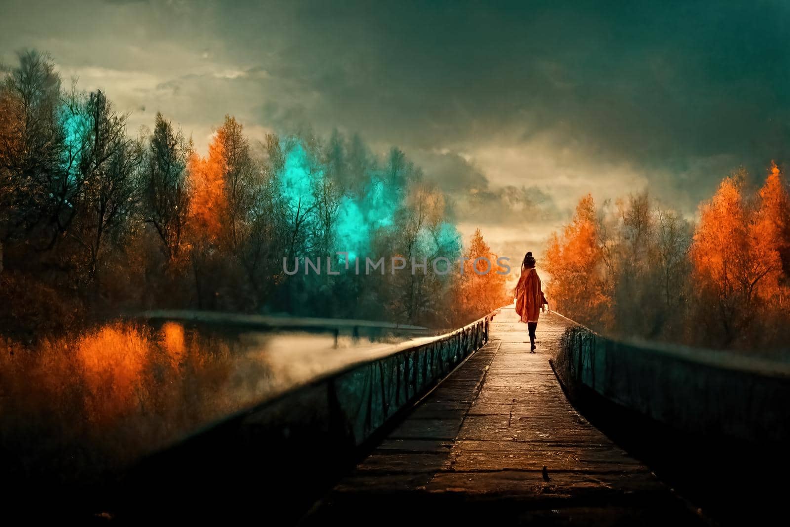 Cinematic scenery, teal and orange path, 3d illustration