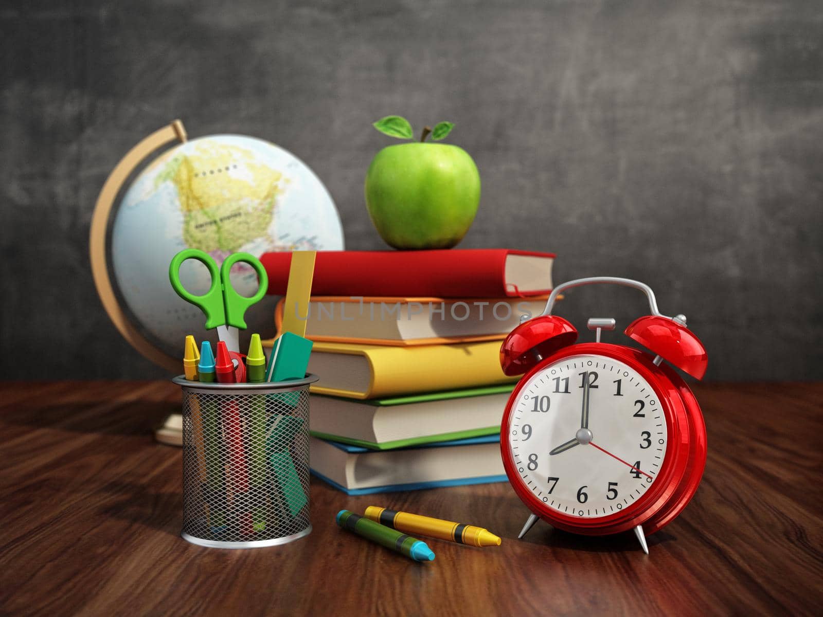 Red apple, books, pencil holder, model globe and alarm clock on green blackboard. 3D illustration.