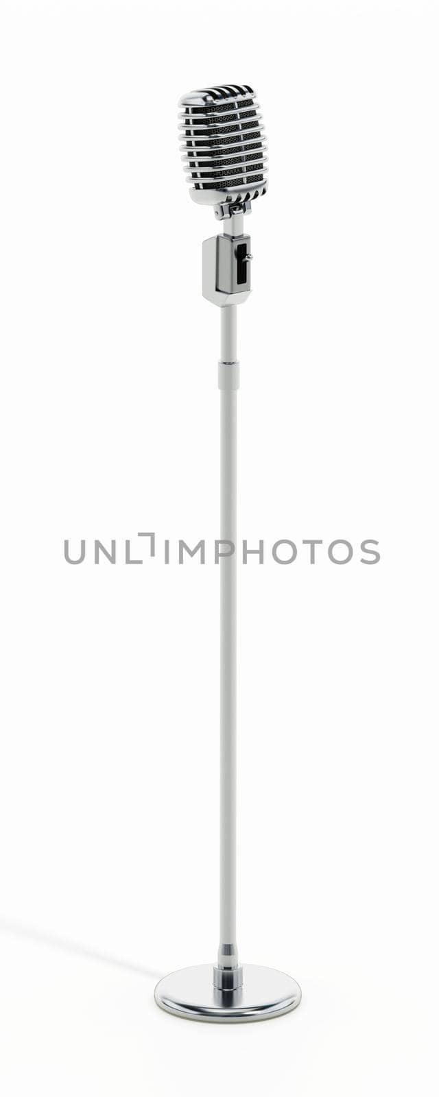 Vintage microphone with stand isolated on white background. 3D illustration by Simsek