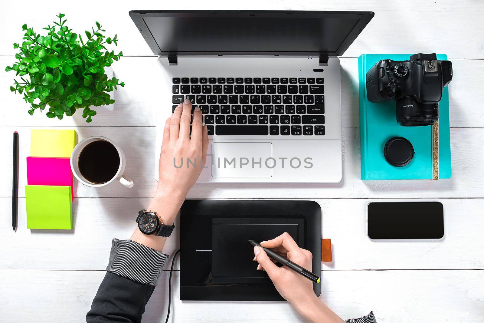 Overhead view of businesswoman working at computer in office. Place for your text. Ideal for blog. flat lay on white background