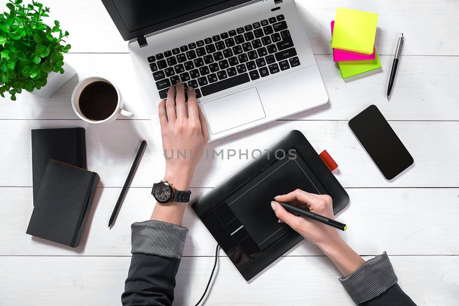 Overhead view of businesswoman working at computer in office. Place for your text. Ideal for blog. Flat lay. White background