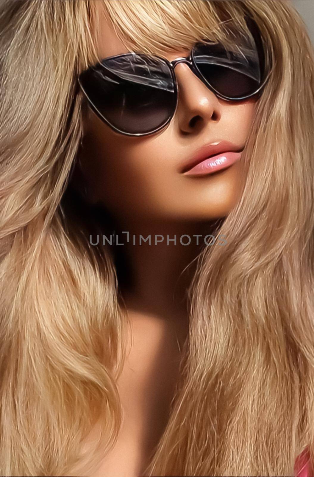 Luxury fashion, travel and beauty face portrait of young blonde woman, wearing chic sunglasses, suntanned skin and long beach waves hairstyle, summer accessory and glamour style by Anneleven