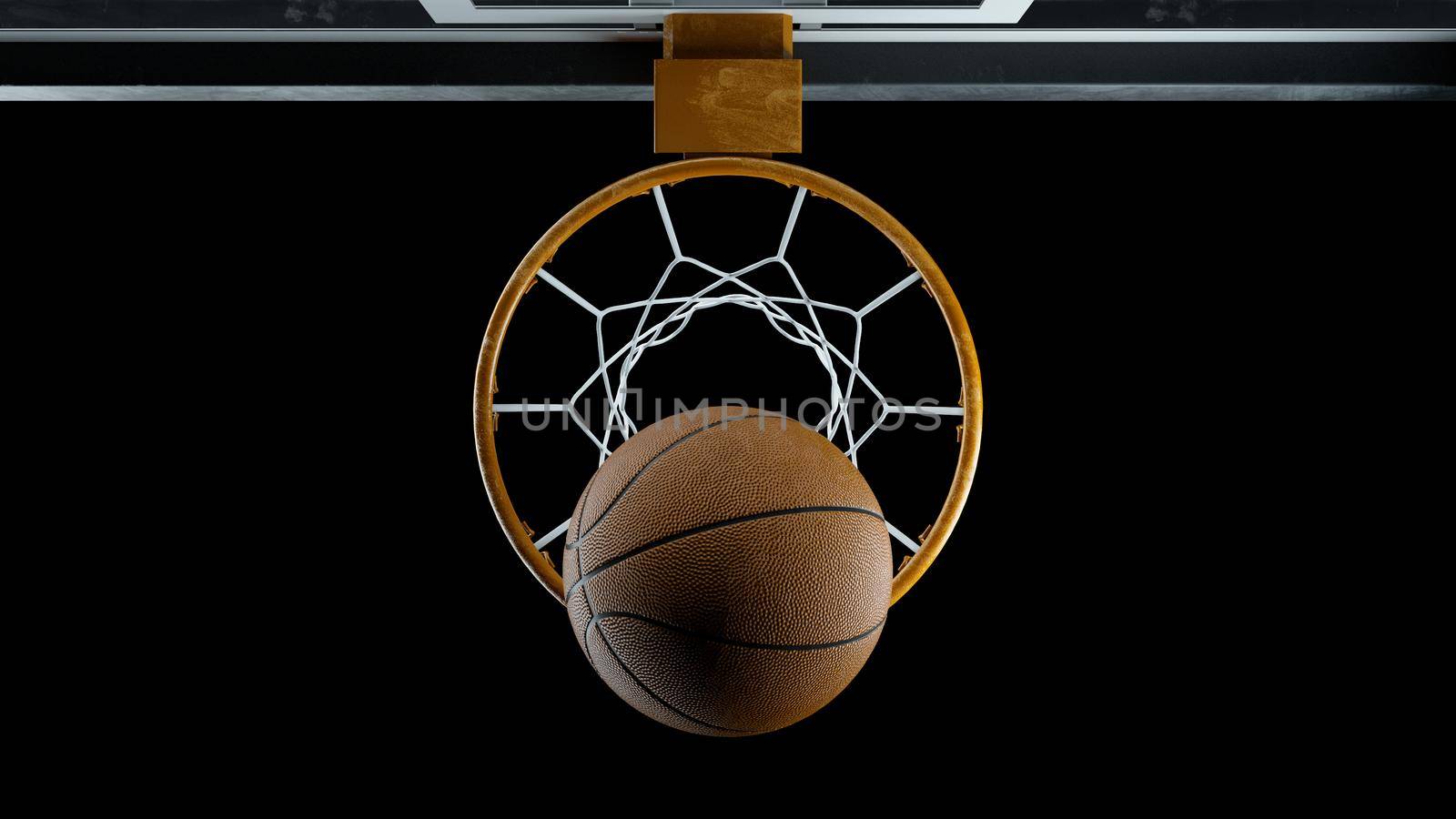 3d render Basketball hit the basket on a black background by studiodav