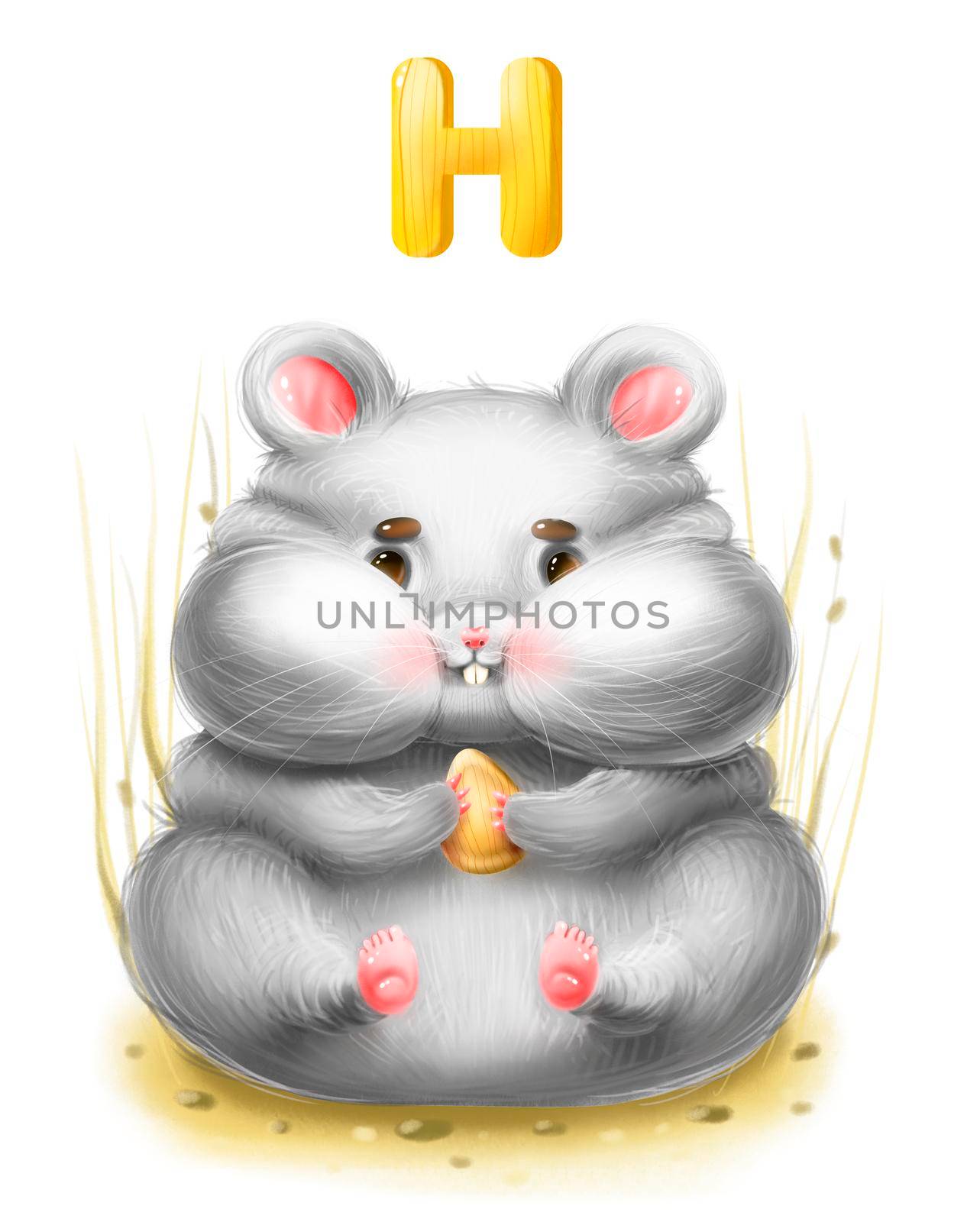 Funny fat cartoon hamster with a grain in 5k