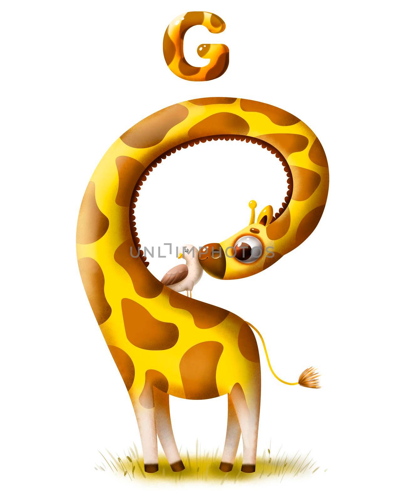 Funny cartoon giraffe with a bird and a letter of the alphabet in 5k