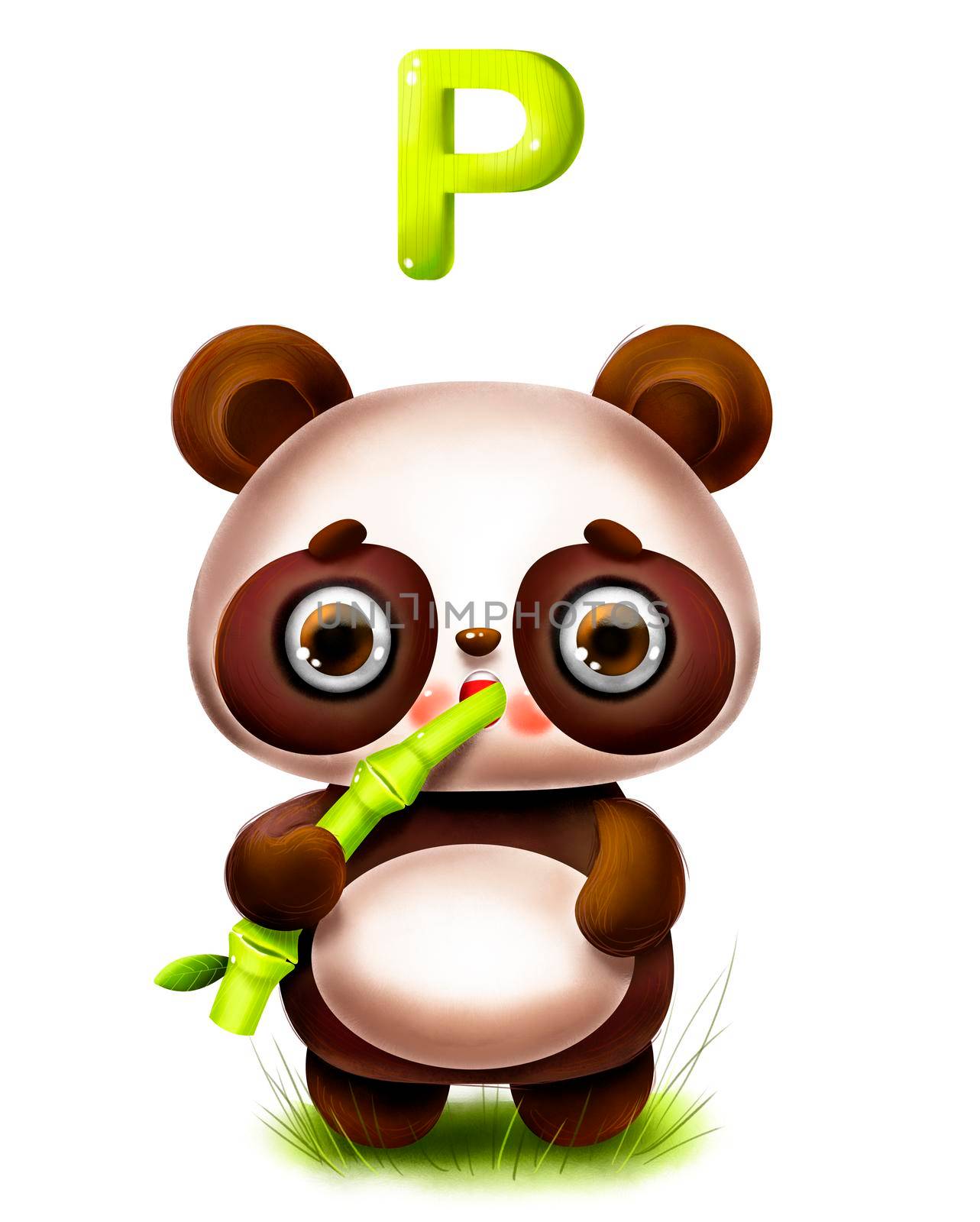 Cute cartoon panda with a bamboo and a letter of the alphabet in 5k