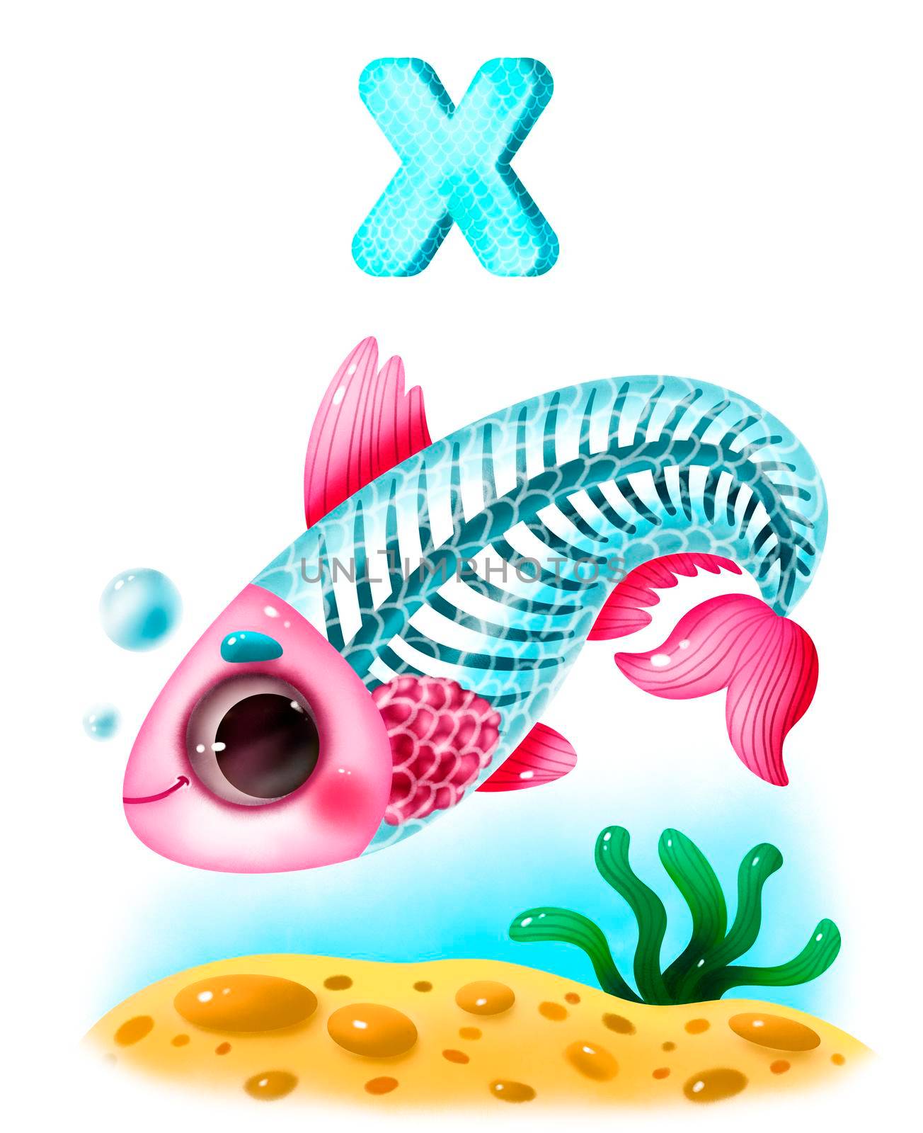 Animal alphabet for the kids: X for the X-ray fish. X-ray fish swims in the sea