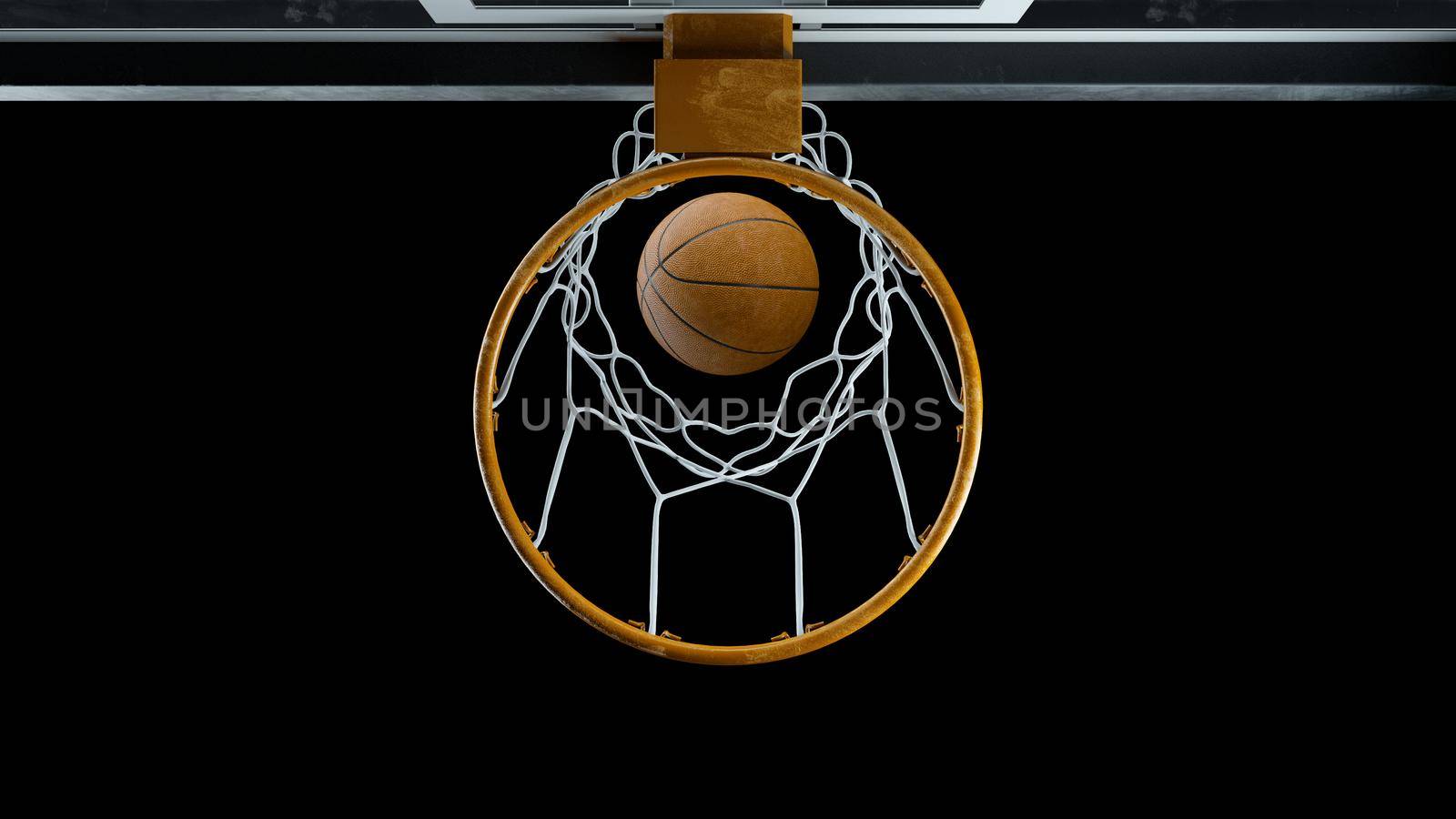 3d render Basketball hit the basket on a black background by studiodav