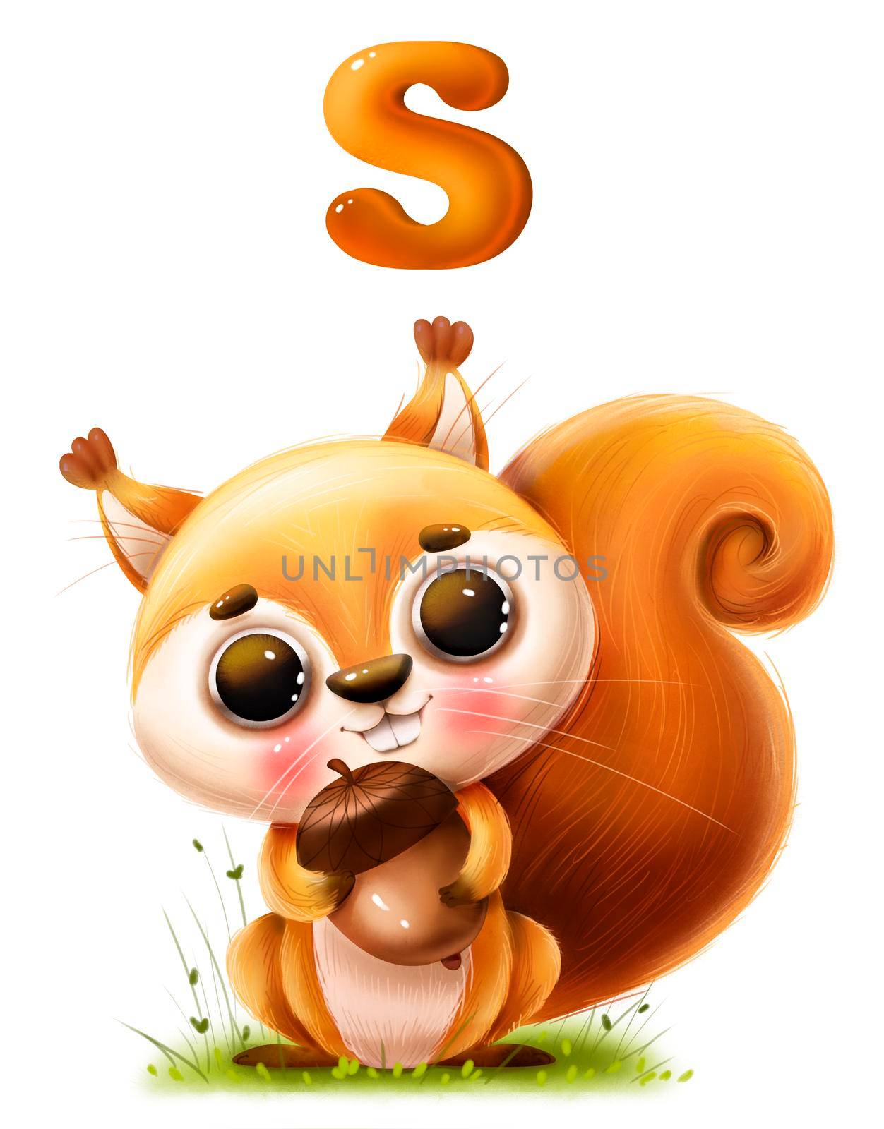 Cute cartoon squirrel with a nut and a letter on a white background by studiodav