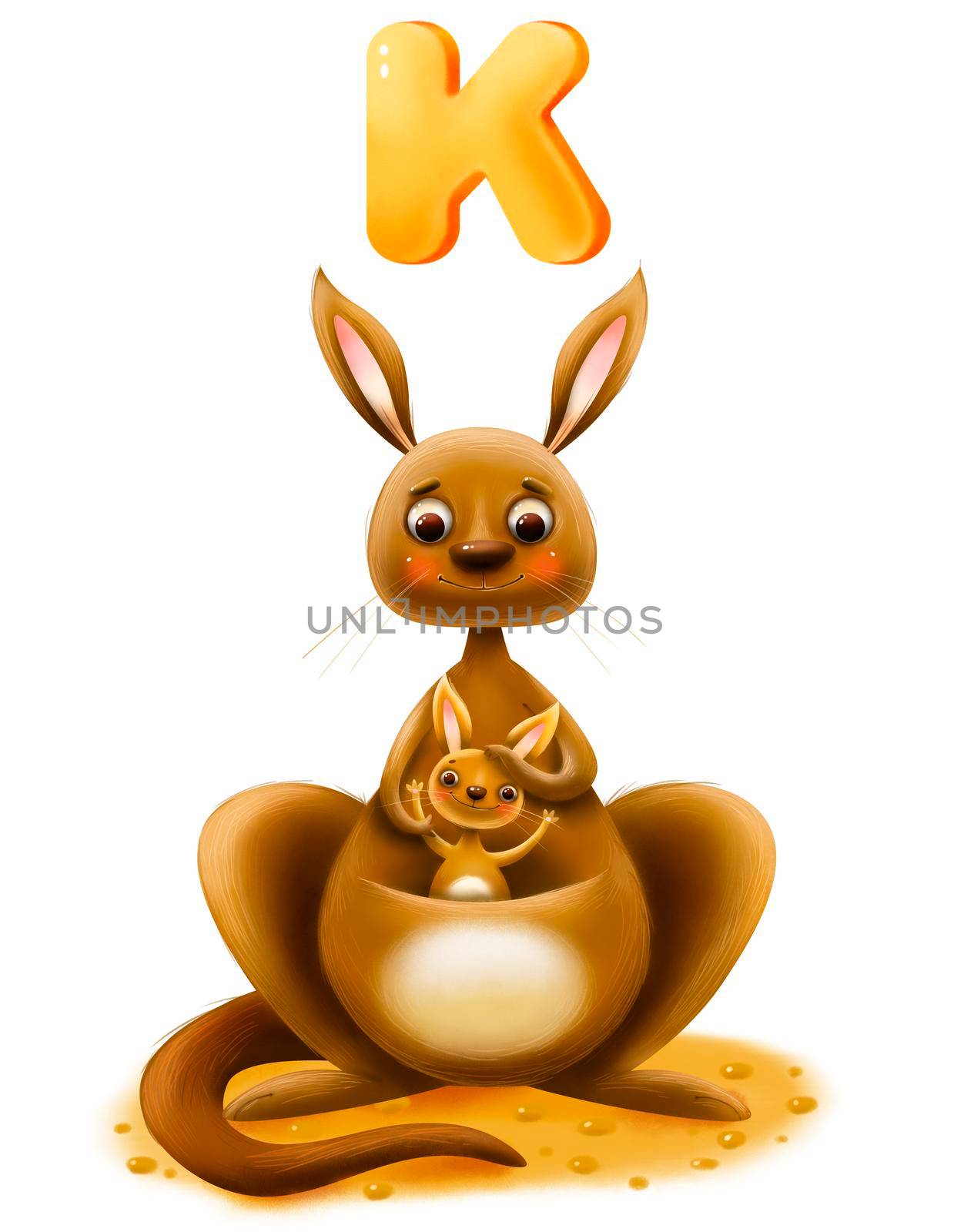 Cute cartoon kangaroo with a cub with a letter on a white background by studiodav