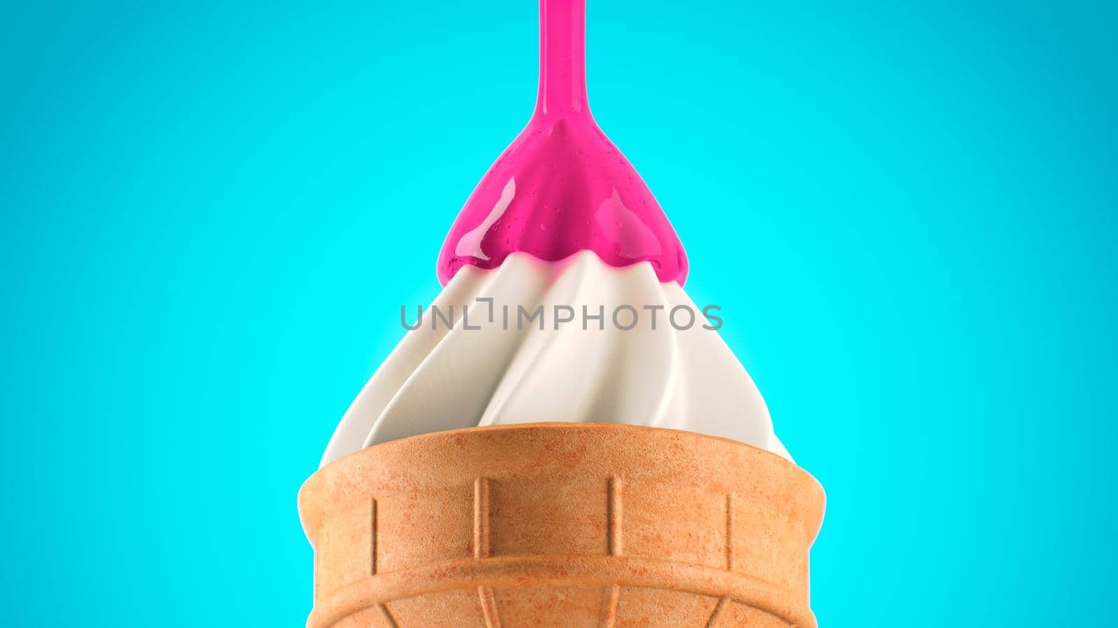 3d render close-up of syrup pouring on ice cream on blue background by studiodav