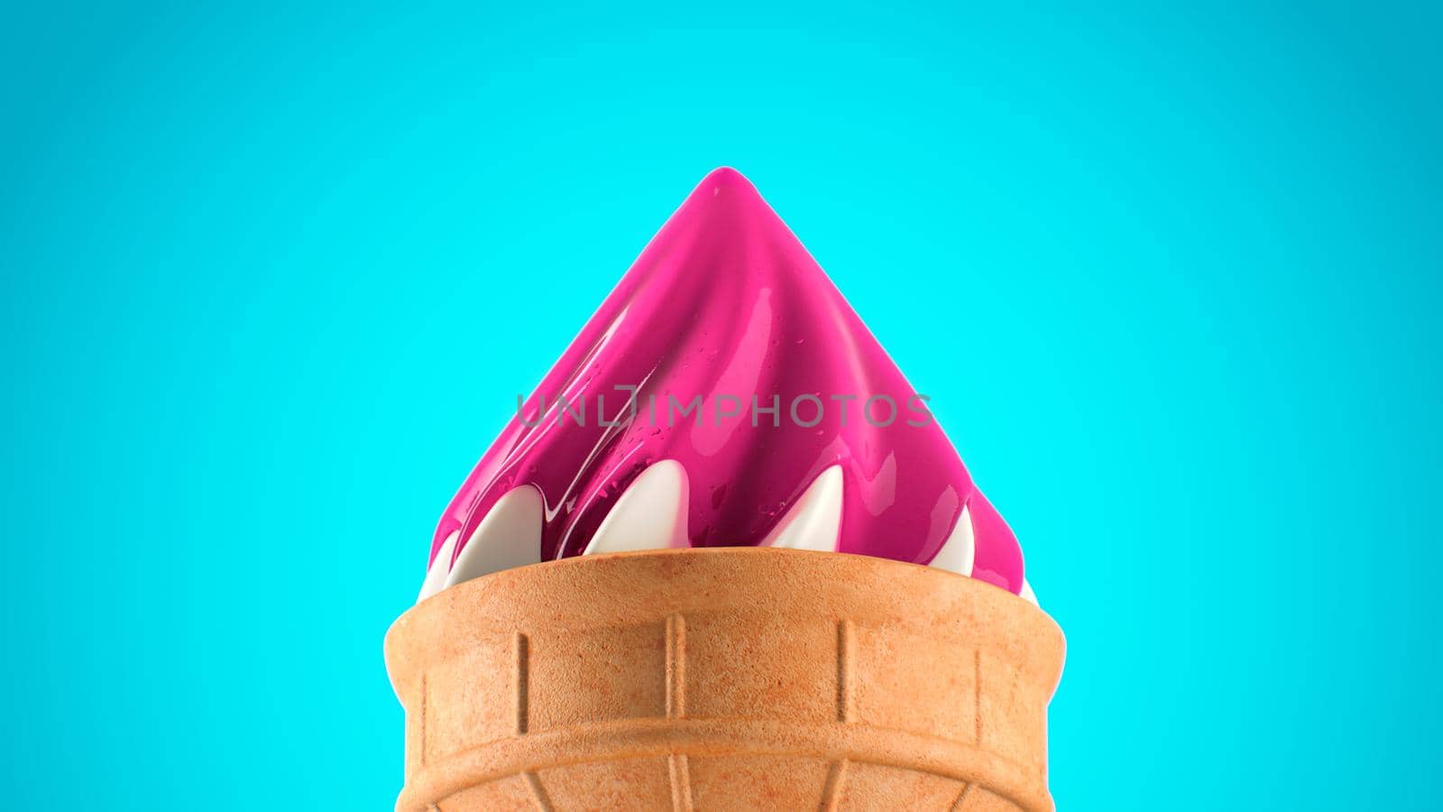 3d render close-up of syrup pouring on ice cream on blue background in 4k