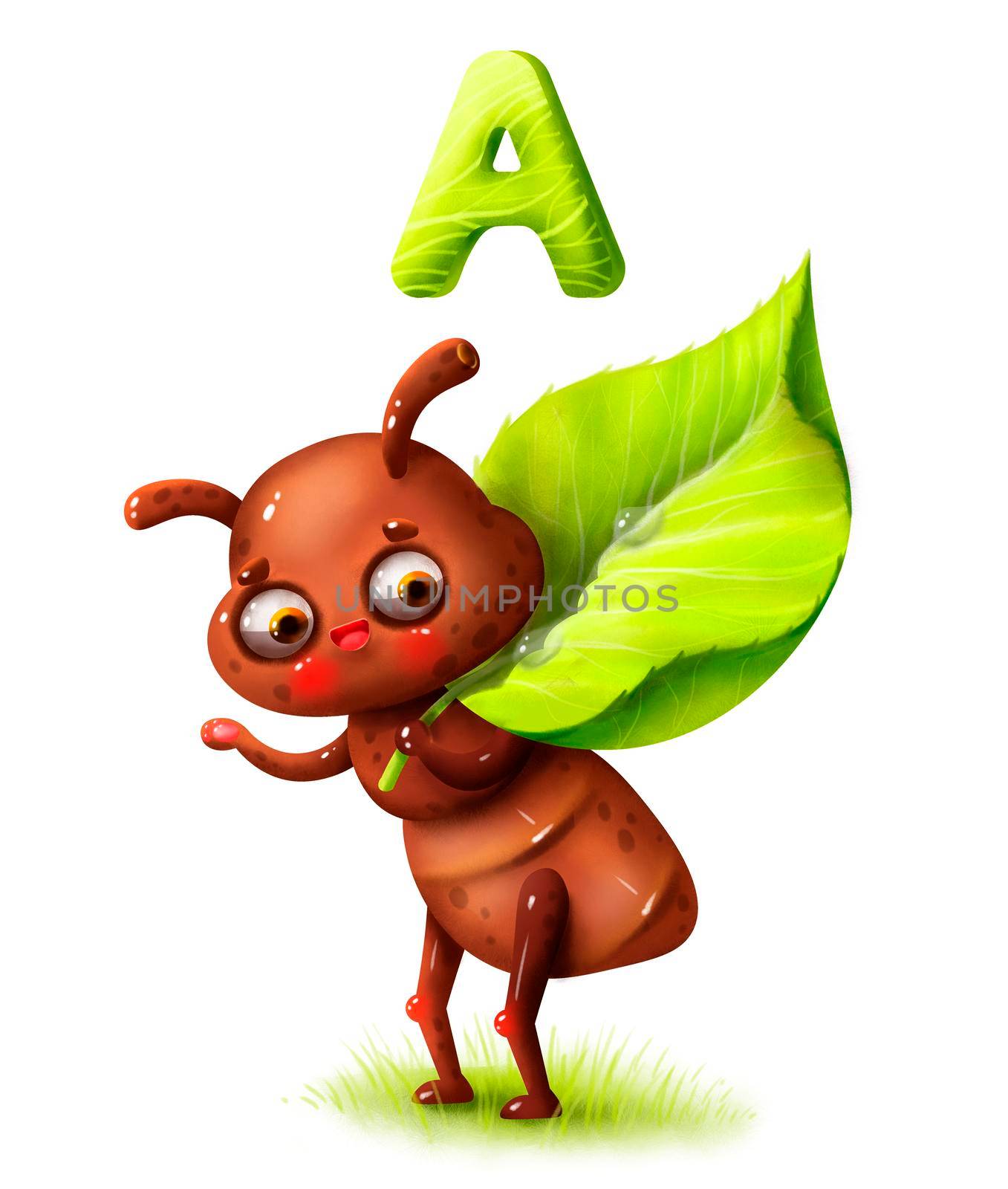 cartoon cute ant with leaf and letter of the alphabet in 5k