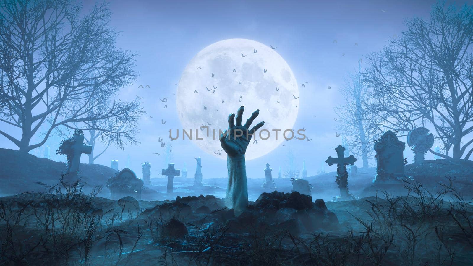 3d render Zombie hand crawls out of the ground at night against the background of the moon in the cemetery by studiodav