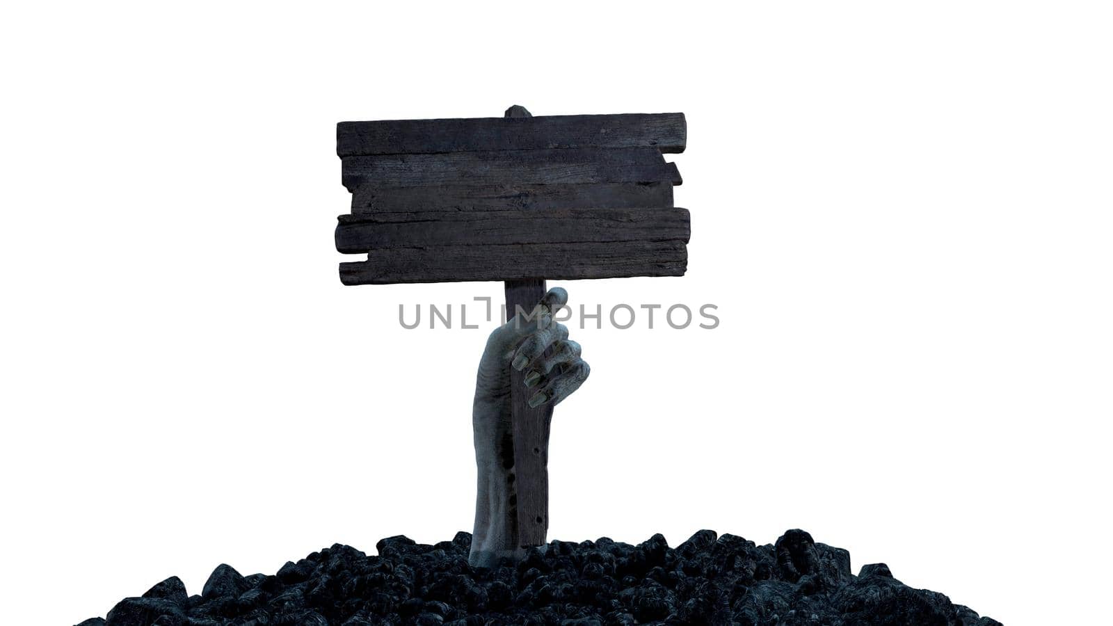 3d render A zombie hand with a wooden sign crawls out of the ground by studiodav