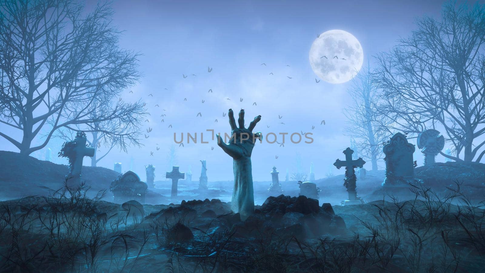 3d render Zombie hand crawls out of the ground at night against the background of the moon in the cemetery in 4k