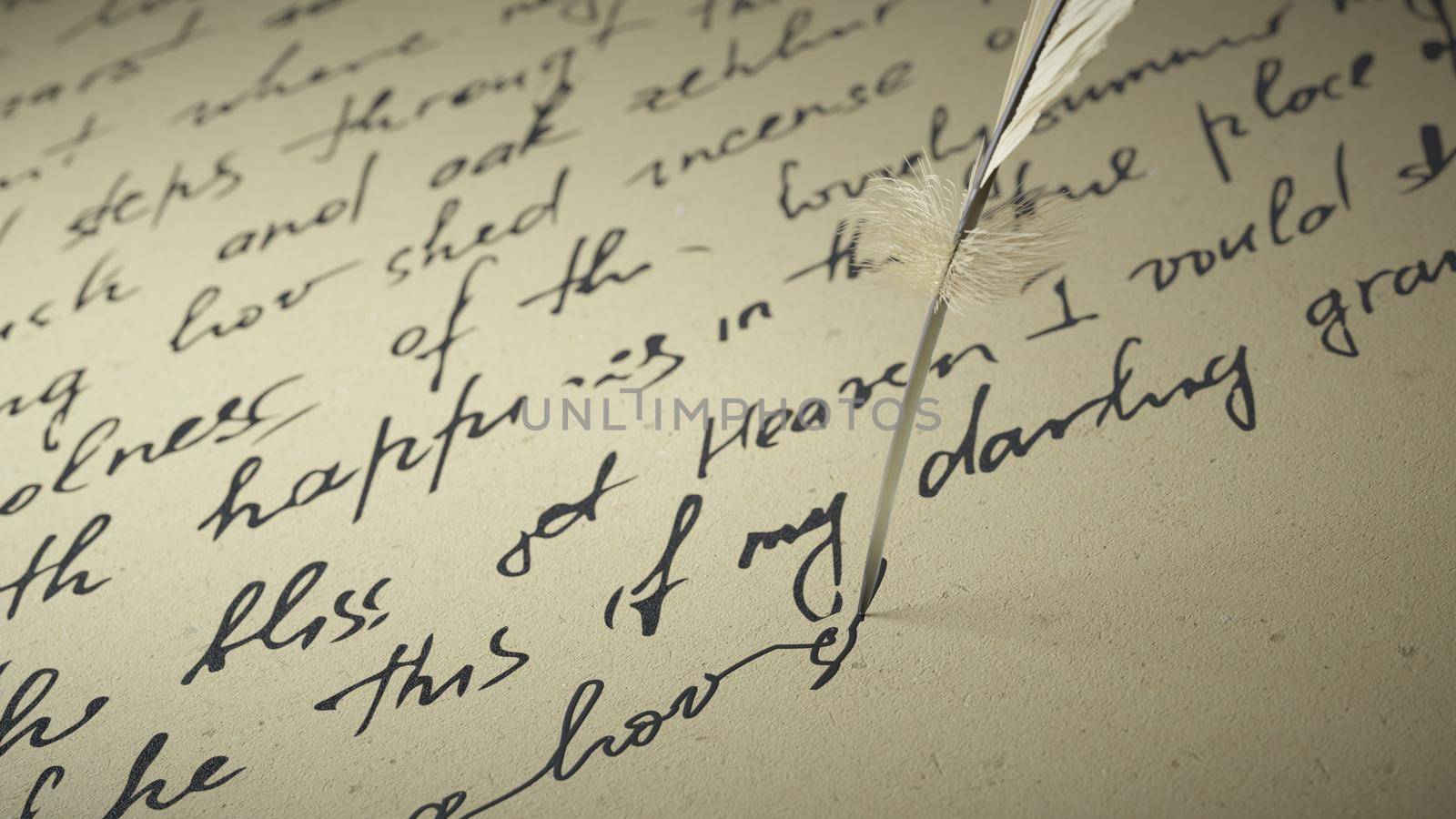 3d render ink pen writes poetry on old paper by studiodav