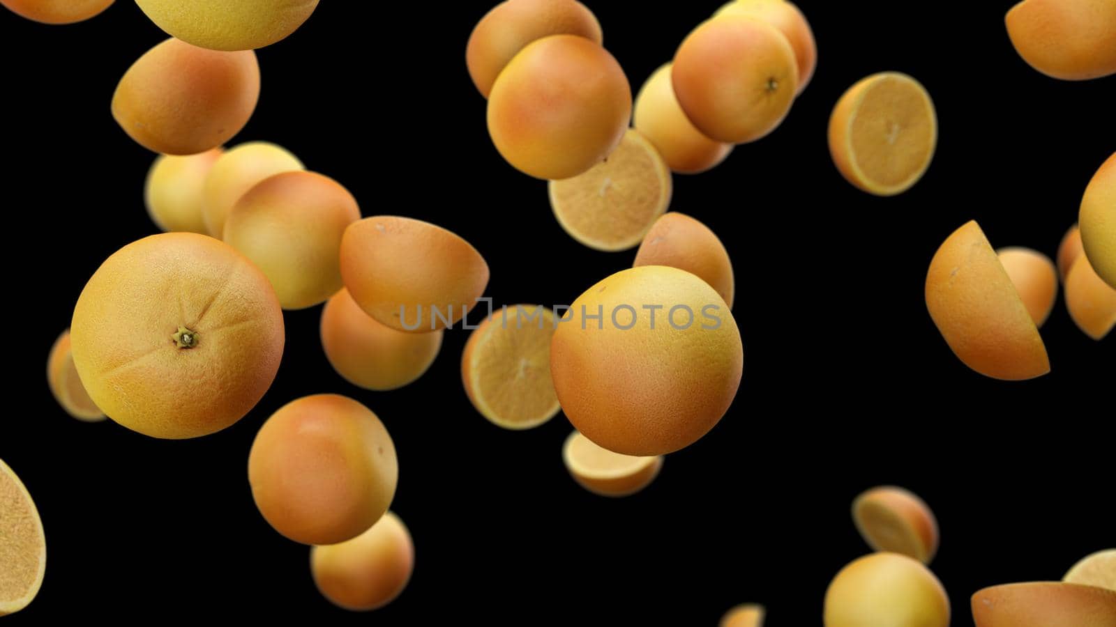 3d render falling oranges on an orange background 4k