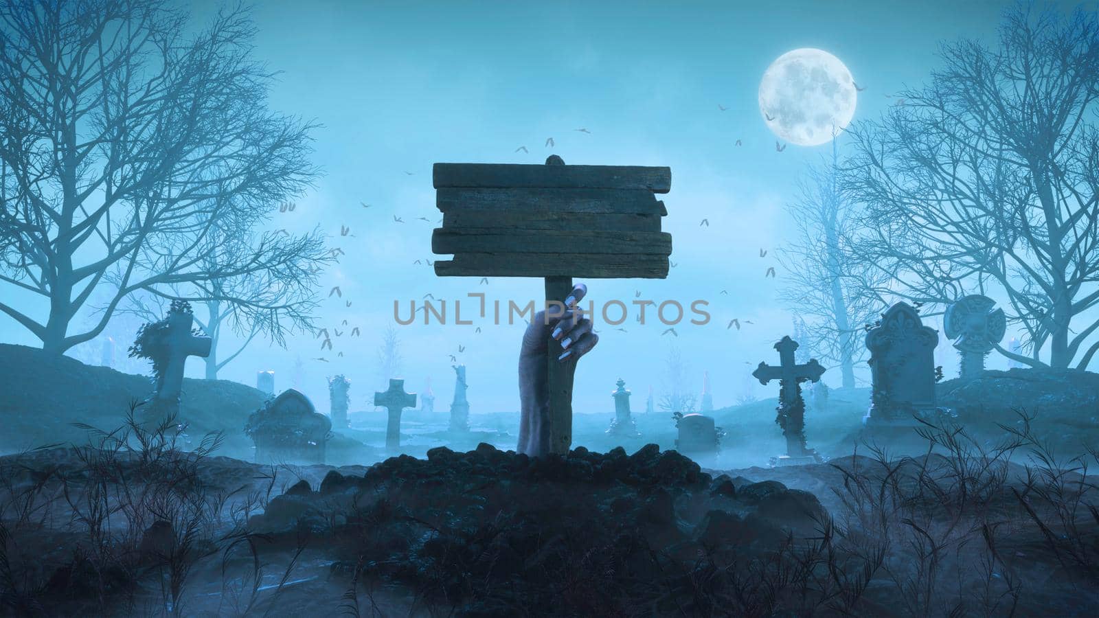 3d render Zombie hand with a wooden plaque out of the ground at night against the background of the moon in the cemetery in 4k