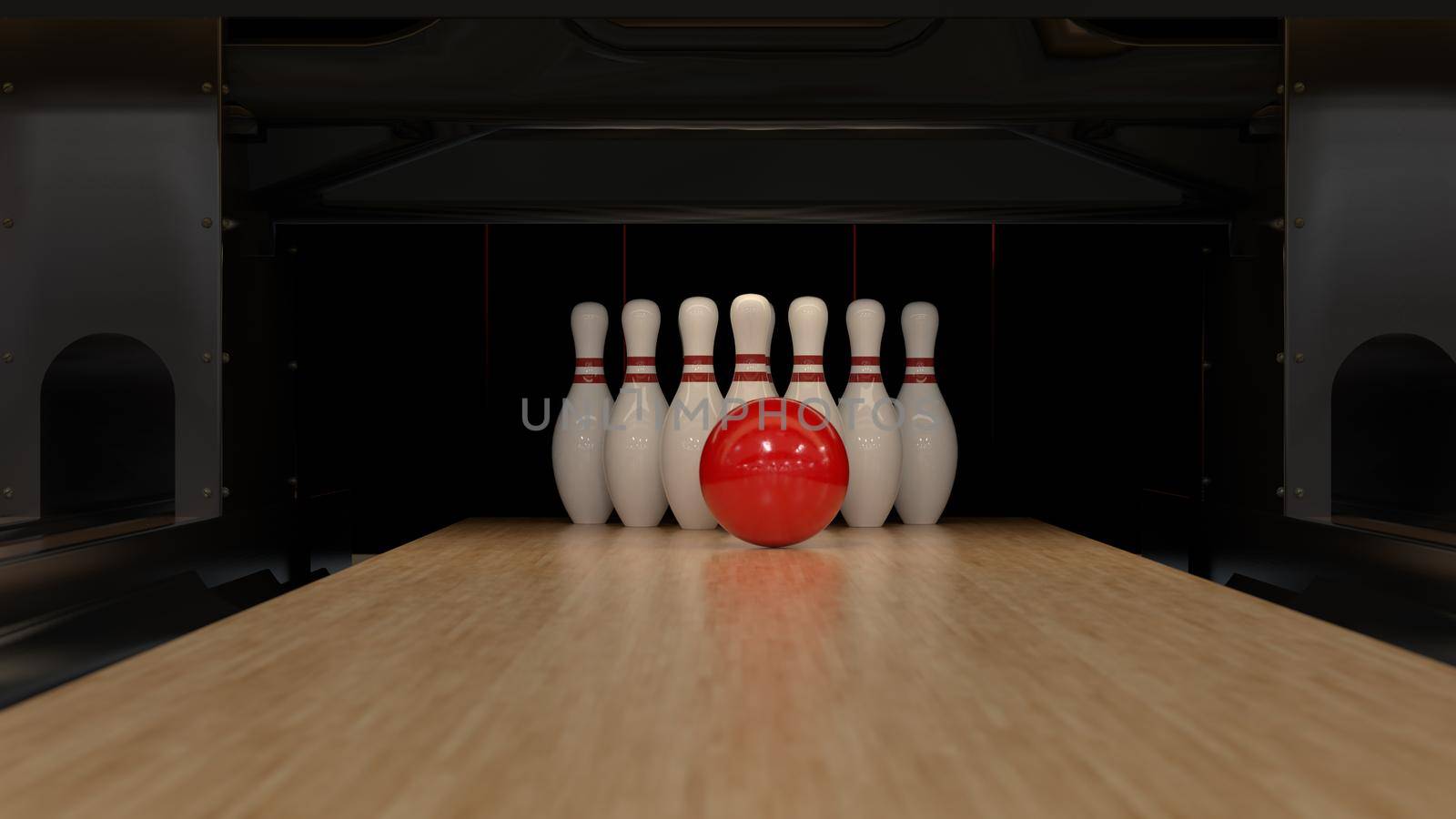 Red bowling ball on a wooden track with pins 4k