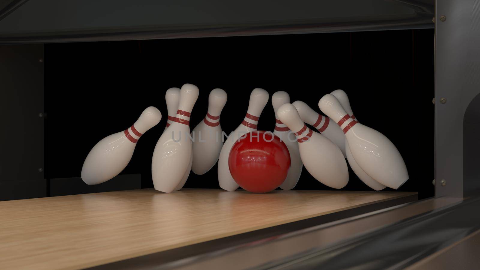 Red bowling strike ball on a wooden track with pins by studiodav