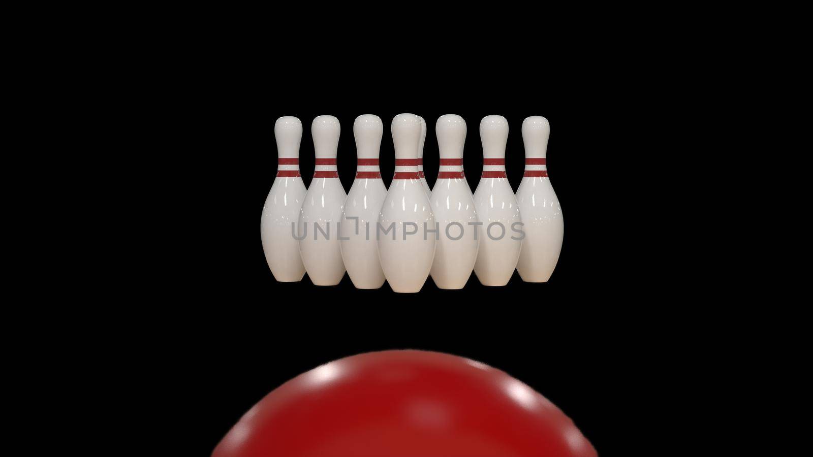 3d render Red bowling ball on a black background with pins 4k