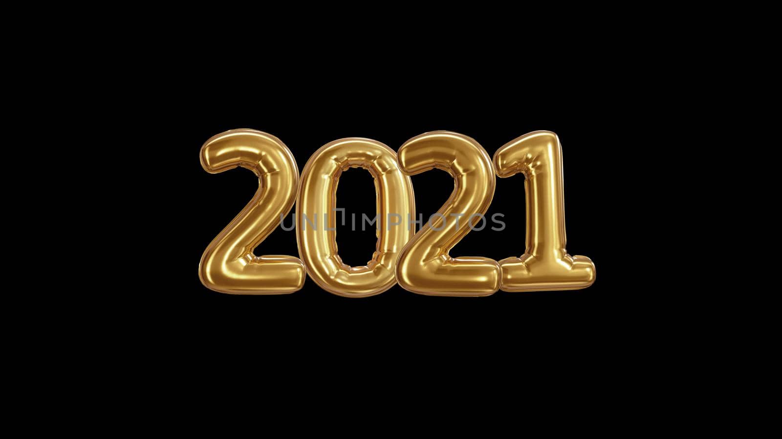 3d render Inscription 2021 from golden balloons on a black background 4k