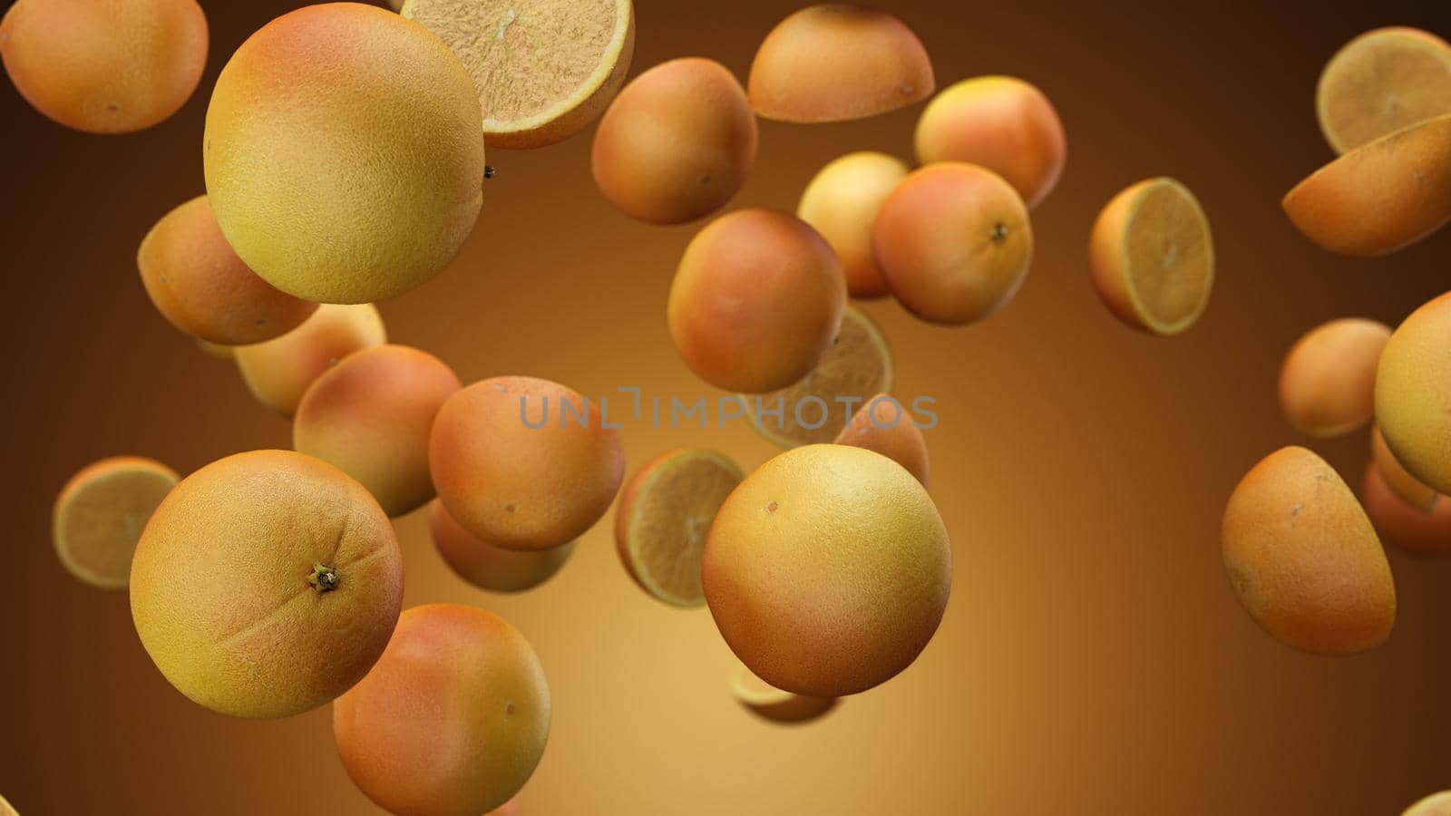 3d render falling oranges on an orange background 4k