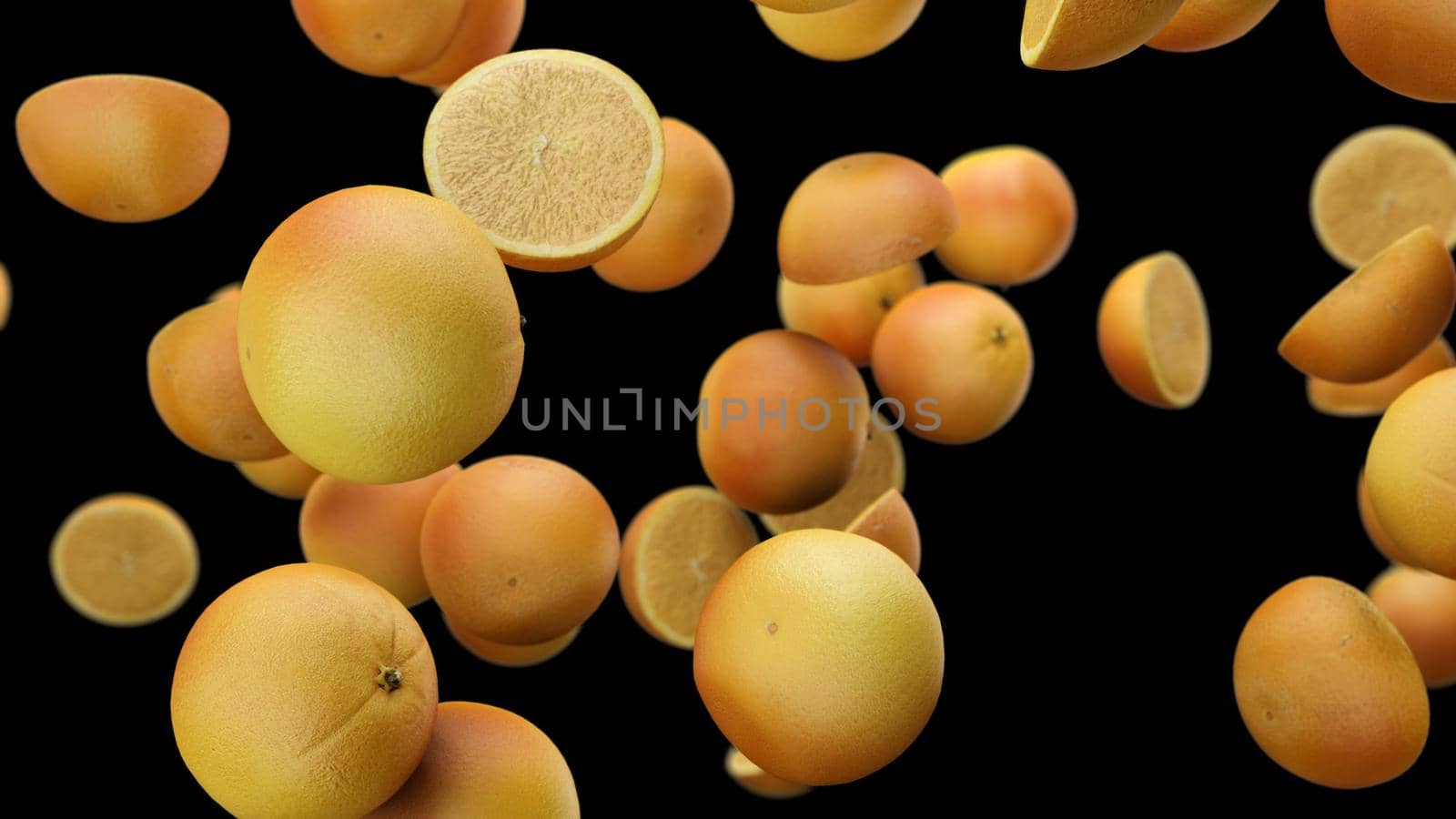 3d render falling oranges on an black background 4k