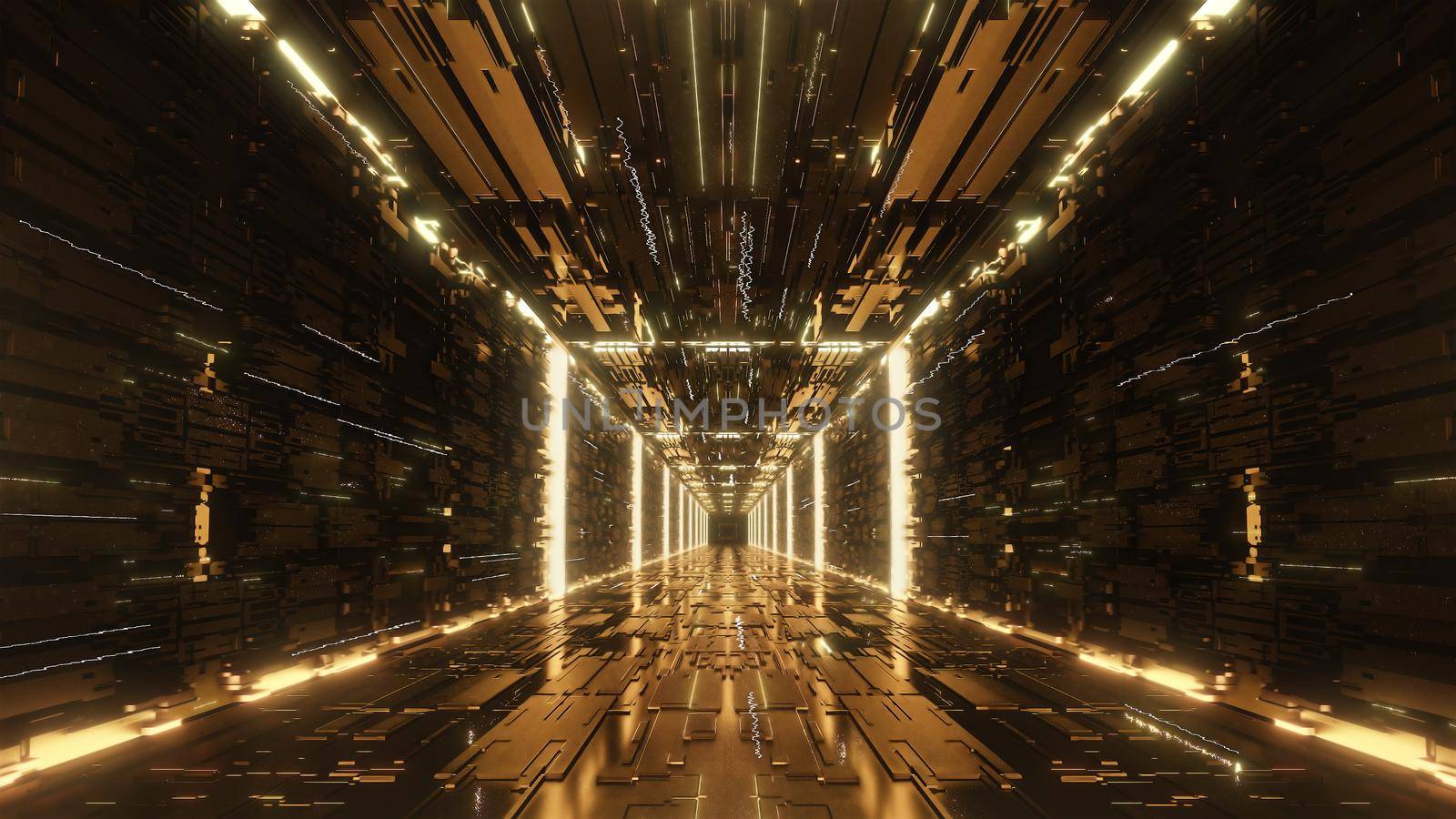 3d rendering gold Digital futuristic neon tunnel by studiodav