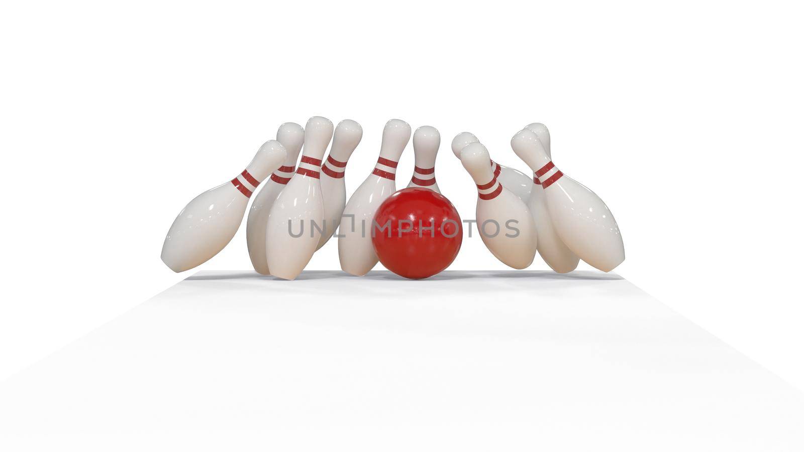 3d render Red bowling ball strike on a white background with pins by studiodav