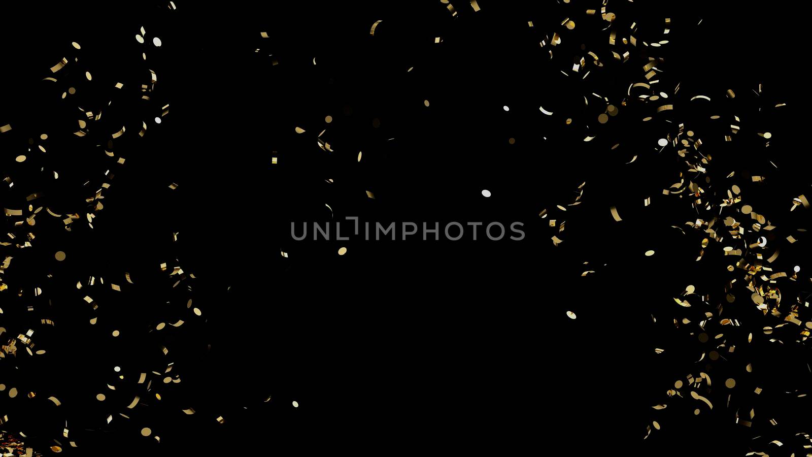 A fountain of golden confetti falling on the floor on an black background 4k