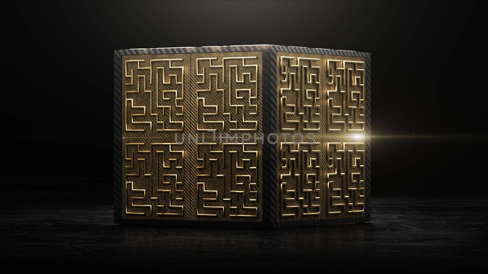 3d render cube with gold and black maze animation inside 4K