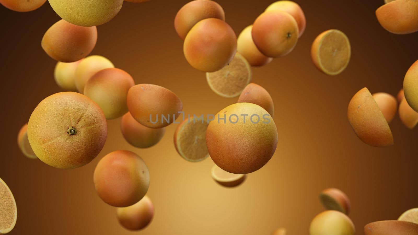 3d render falling oranges on an orange background 4k