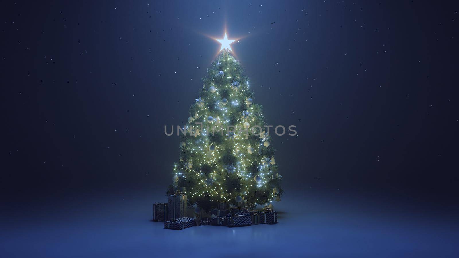 3d render Christmas tree with a shining star and a garland in the dark with falling snow by studiodav