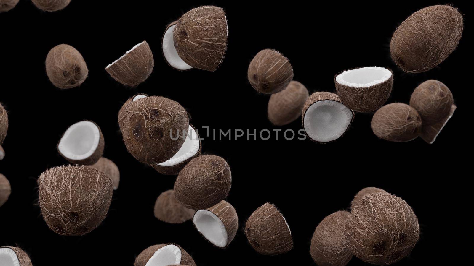 3D Render Falling coconuts on a black background 4k