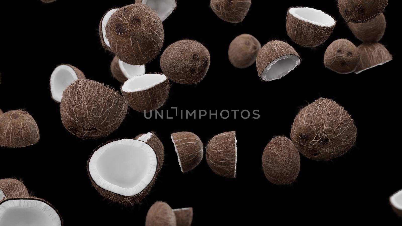 3D Render Falling coconuts on a black background 4k