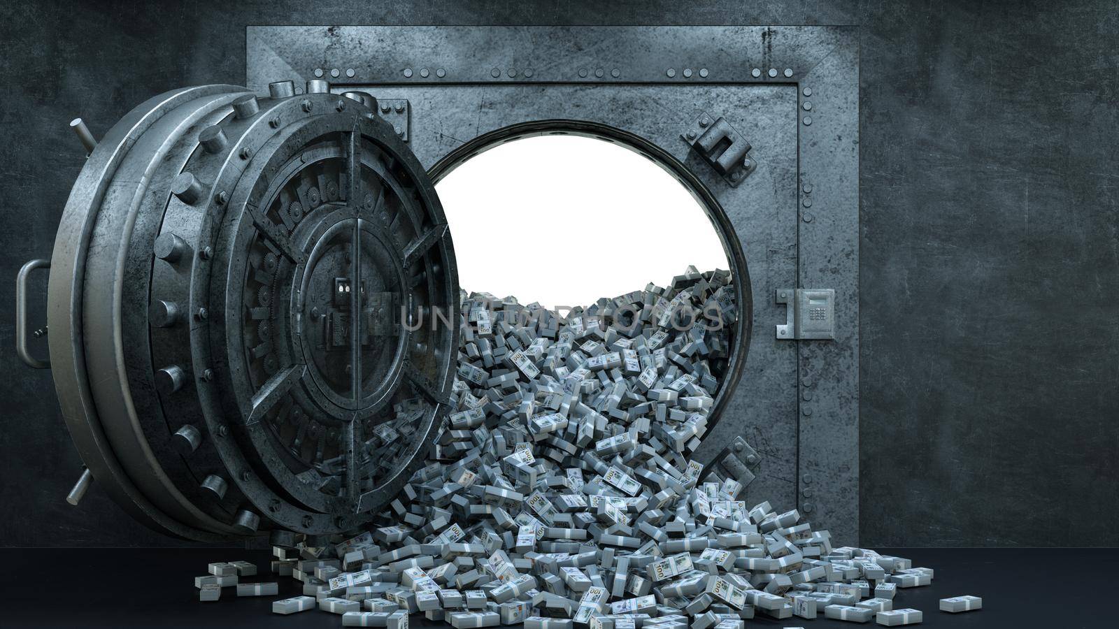 3d render Opening Of The Vault Door In Bank with a lot of money by studiodav