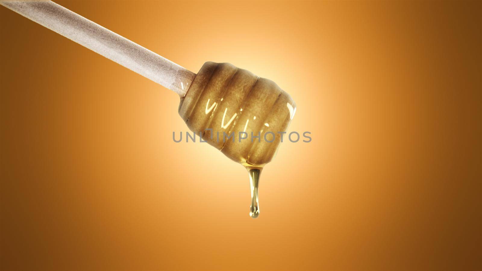 Honey dripping from honey dipper on orange background by studiodav