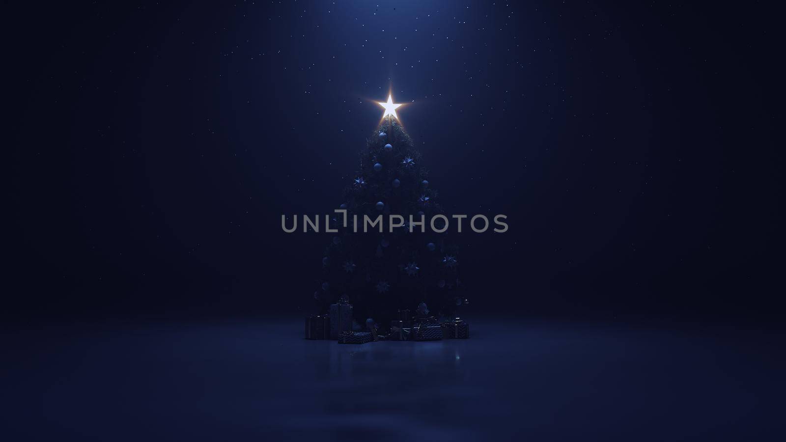 3d render Christmas tree with a shining star and a garland in the dark with falling snow by studiodav