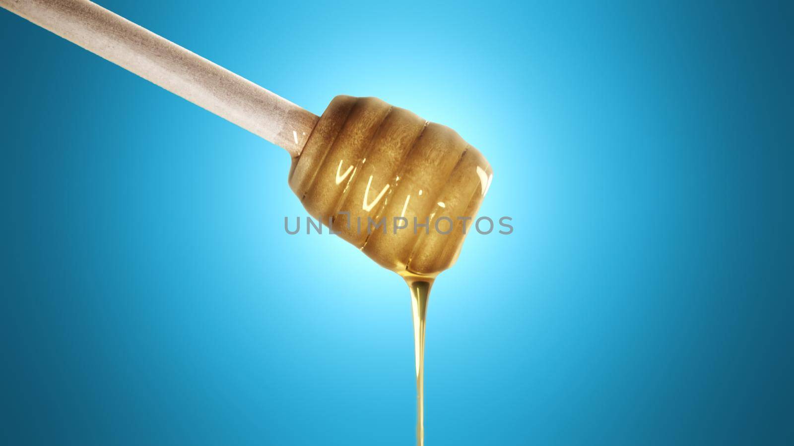 Honey dripping from honey dipper on blue background 4k