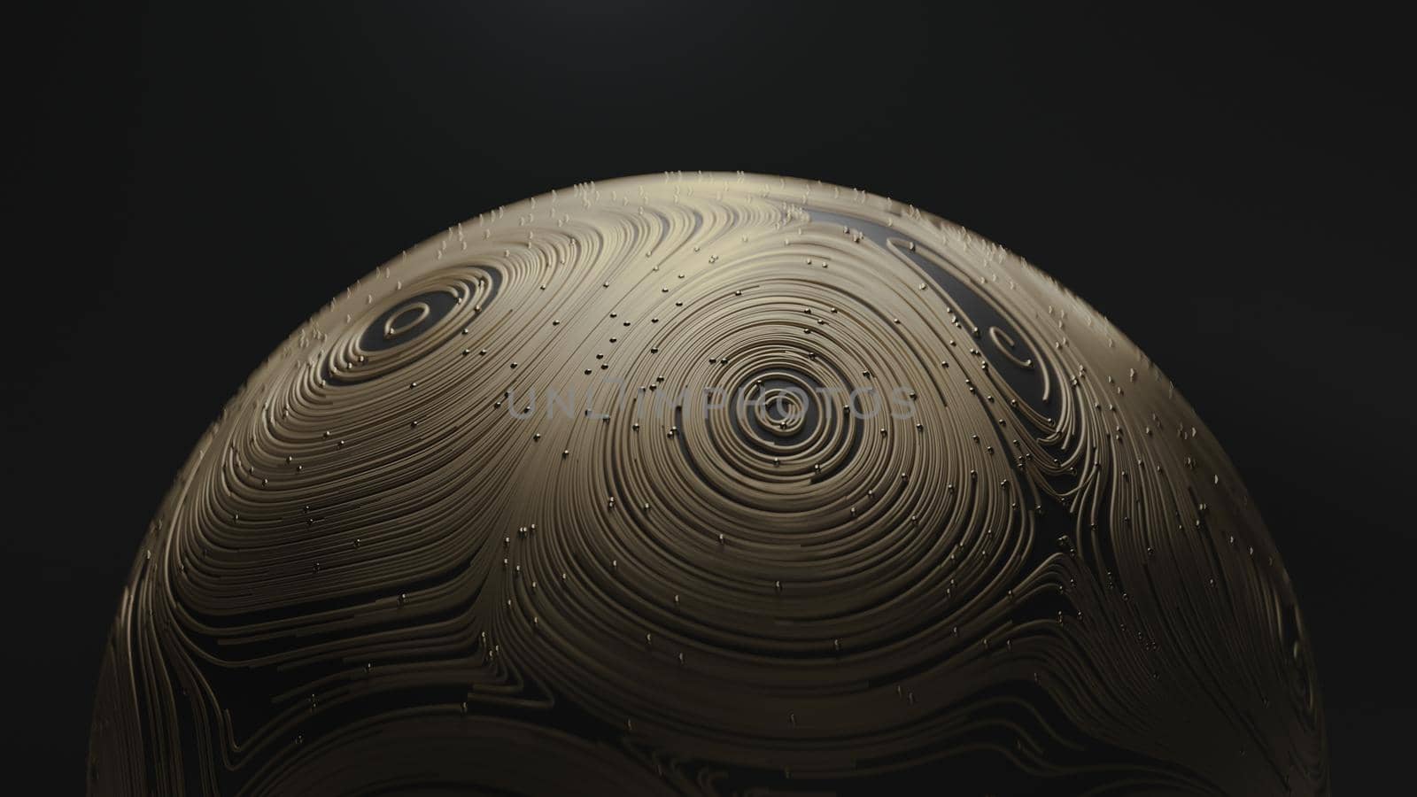 3d render golden ball with circular topographic animated lines and particles on black background by studiodav