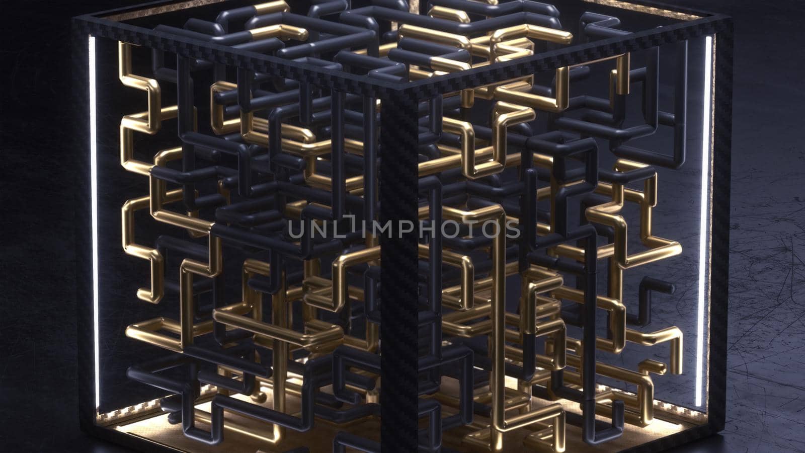 3d render cube with gold and black maze animation inside by studiodav